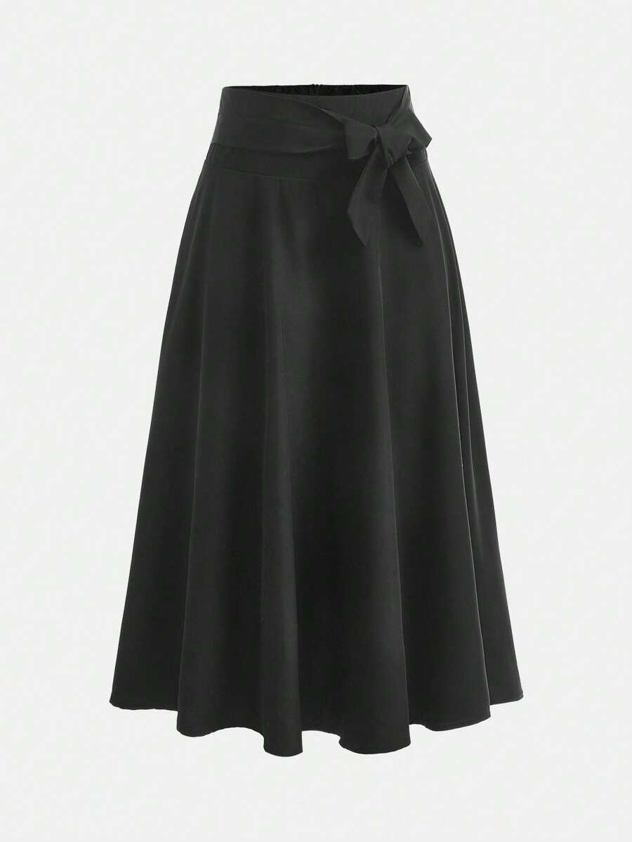 SHEIN Girlism TEEN GIRL Black Bowknot Waist Mid-Length Skirt, Elegant School Uniform A-Line Skirt