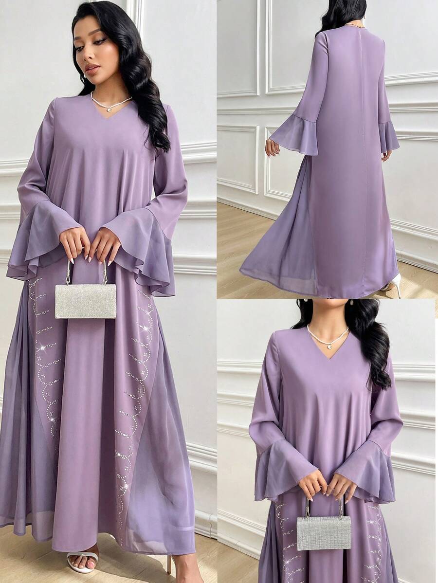 Al Najma Vestido largo tradicional y modesto de mujer con mangas de campana y decoración de brillantes