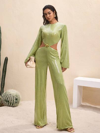 BY FELIZIA Women Green Sequin Hollow Waist Flare Long Sleeve Wide Leg Jumpsuit Ladies Party Elegant Jumpsuit
