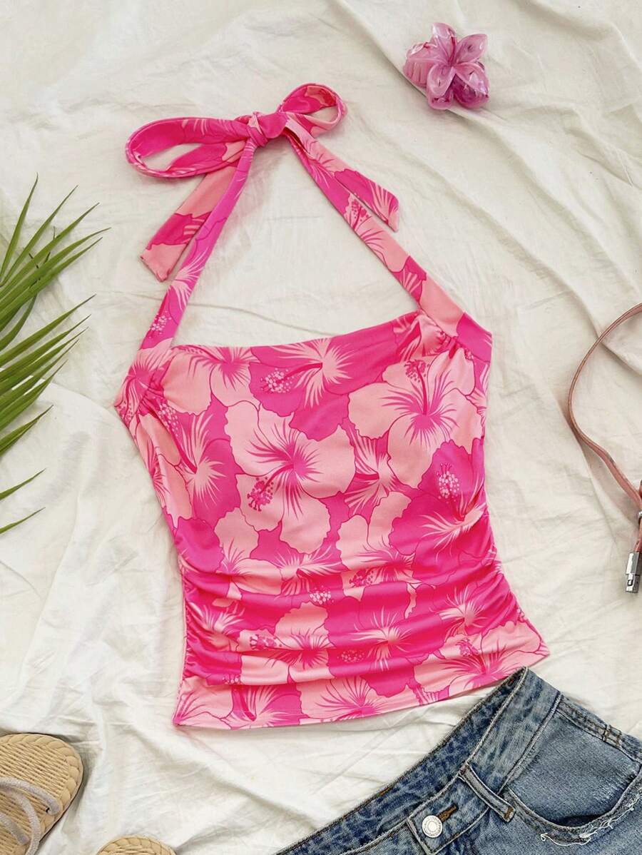 SHEIN WYWH Débardeur moulant pour femmes grandes tailles avec impression romantique d'hibiscus, col ras-du-cou et taille froncée. Mode pour les saisons printemps/été. Convient pour les fêtes, rendez-vous, la Saint-Valentin, le thé de l'après-midi, Pâques, le carnaval, les croisières balnéaires