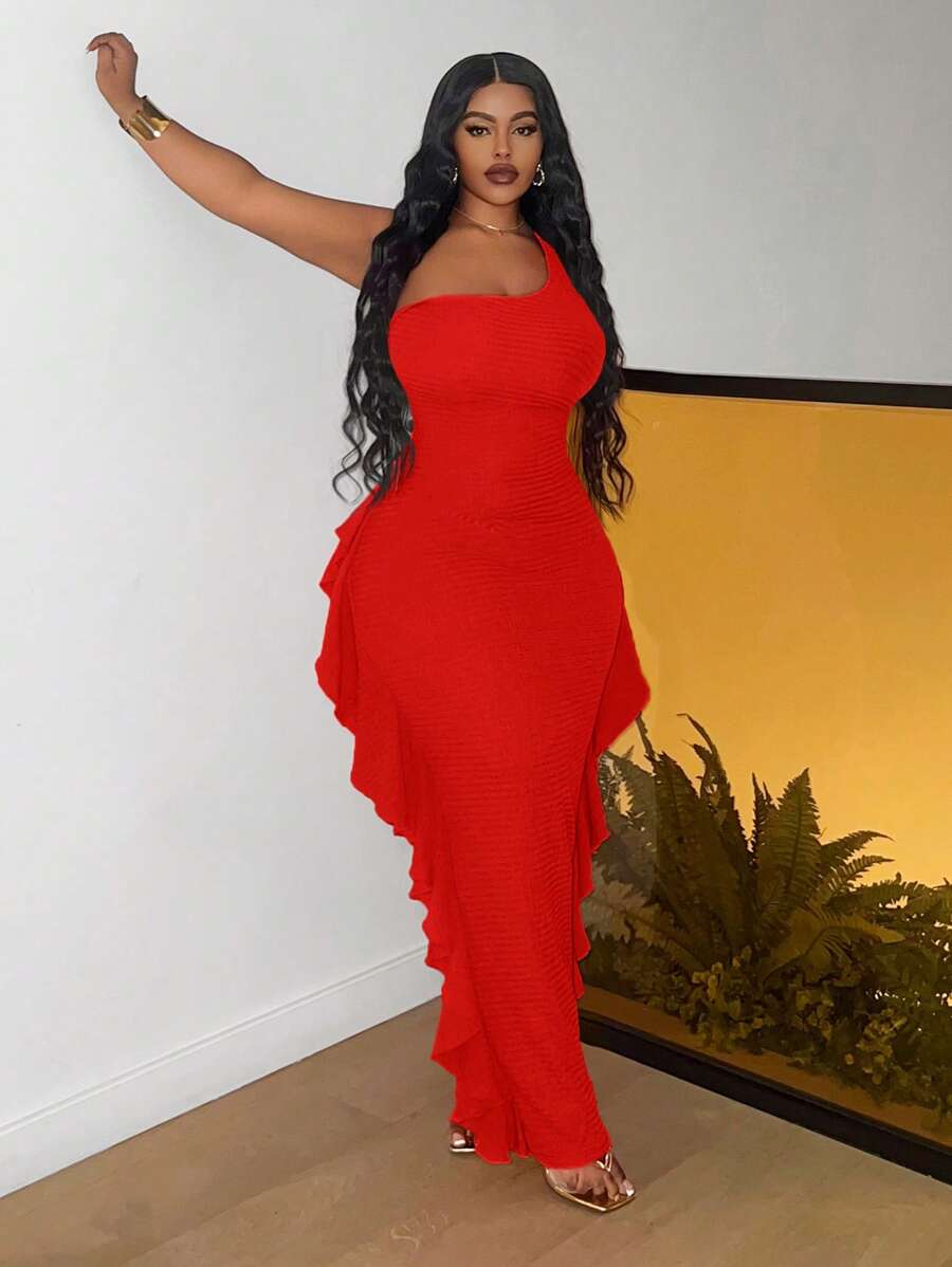 Veslaya Plus Size Women Elegant Romantic Stretchy Textured Fabric One Shoulder Ruffle Patchwork Bodycon Dress -B