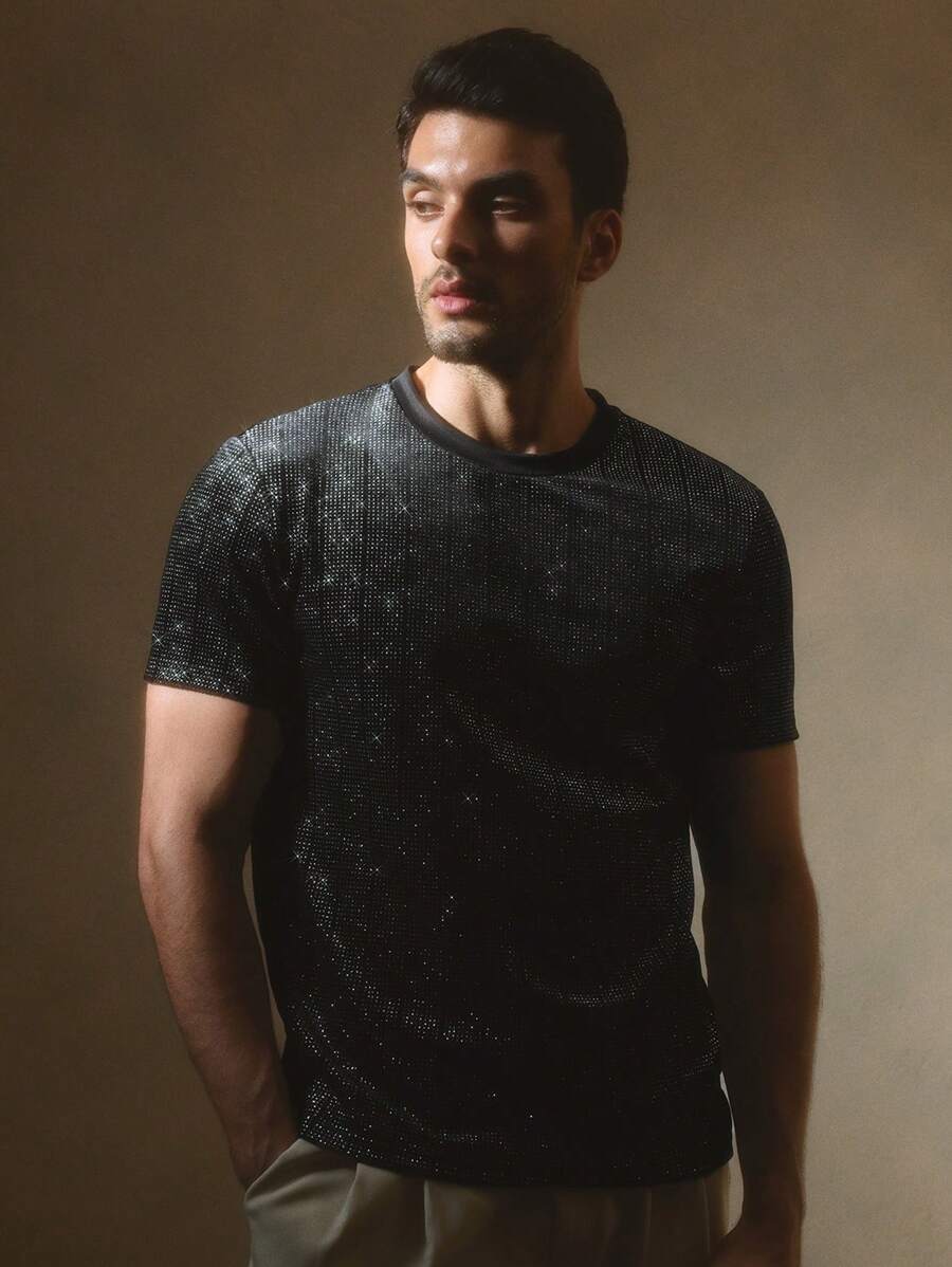 Manfinity ModaGents Camiseta de manga corta de punto holgada con strass, adecuada para uso diario, para jóvenes de moda informal