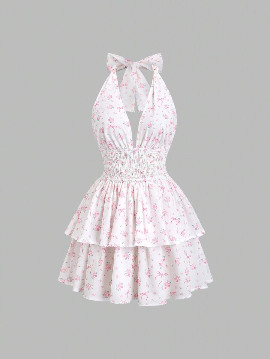 Sweetra Damesjurk met bloemenprint en riem, halternek, vakantiejurk