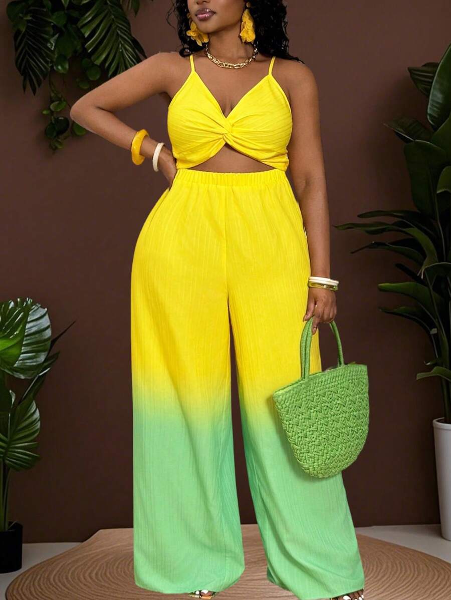 Slaydiva Combinaison / Barboteuse d'été pour femmes, grande taille / tenue occidentale, avec bloc de couleurs, torsion sur la poitrine, jambes larges / baggy, fluide / pantalon palazzo, bretelles fines