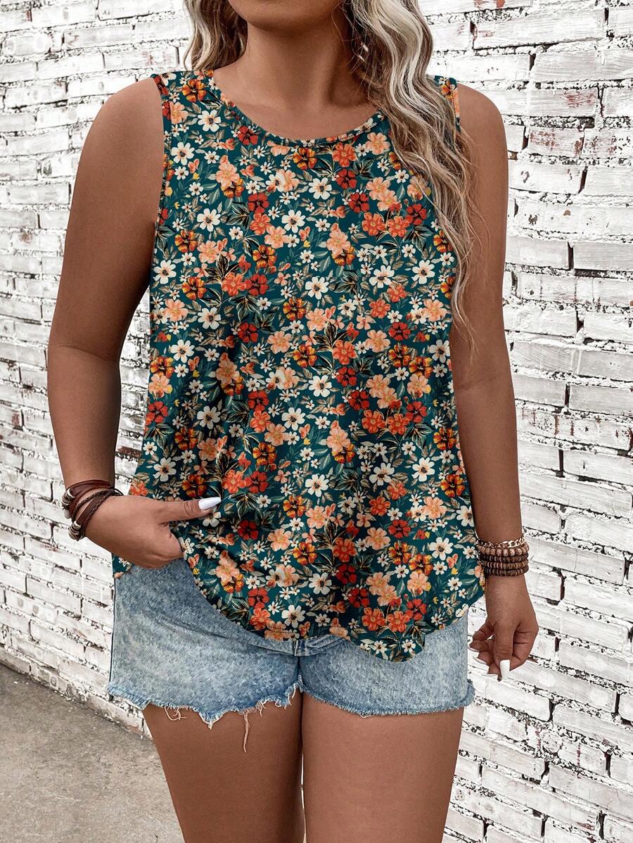 EMERY ROSE Top a canotta e canotta stile casual con stampa floreale ditsy su tutta la superficie, adatta per l'estate, disponibile in taglie comode
