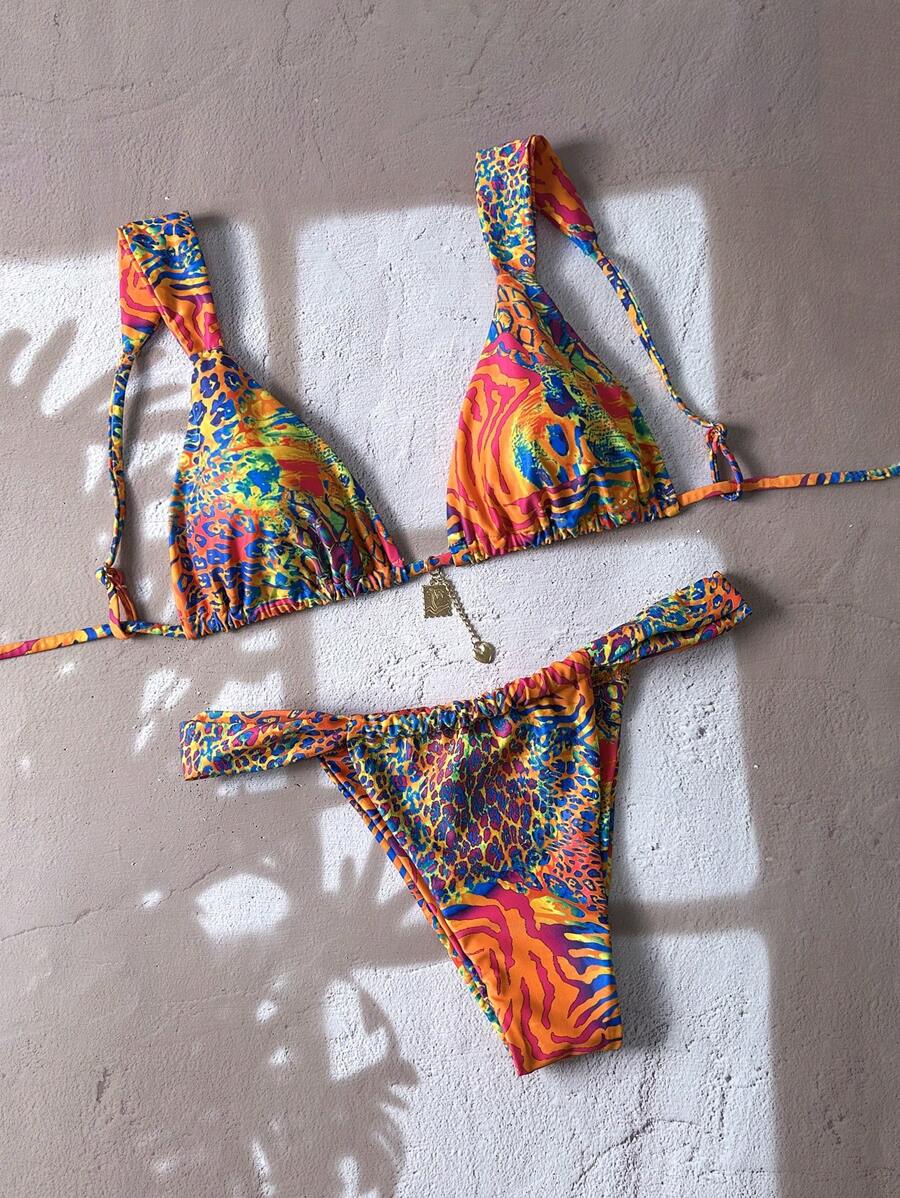 Swim Vcay Set di bikini da donna con stampa casuale, decorazioni in metallo, spalline sottili sexy, per l'estate