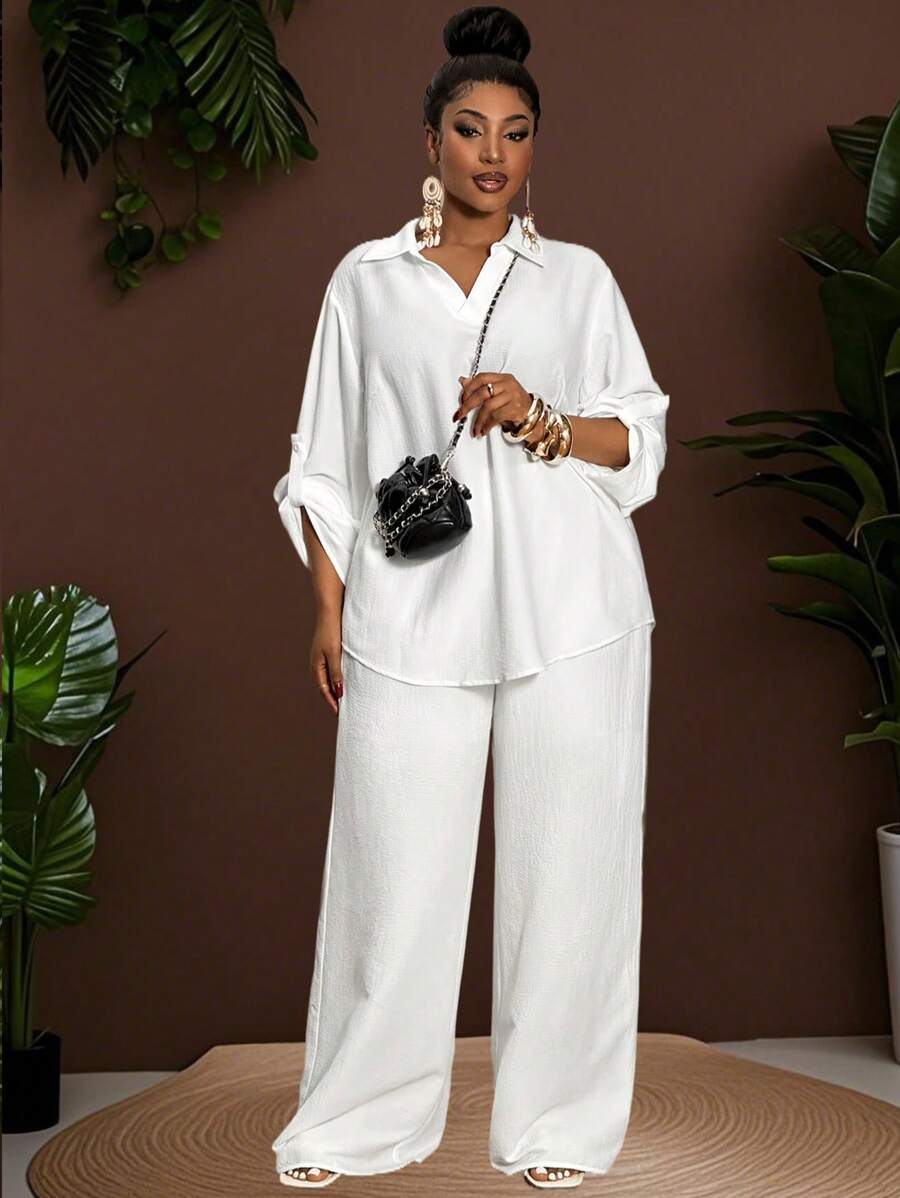 Slaydiva Plus Size Woman 2 Pieces All White Outfit Set: Loose Solid White V-Neck Casual Blouse & Straight Leg Pants, Lightweight Semi-Sheer Woven Fabric, Suitable For Spring/Summer Daily/Holiday Wear