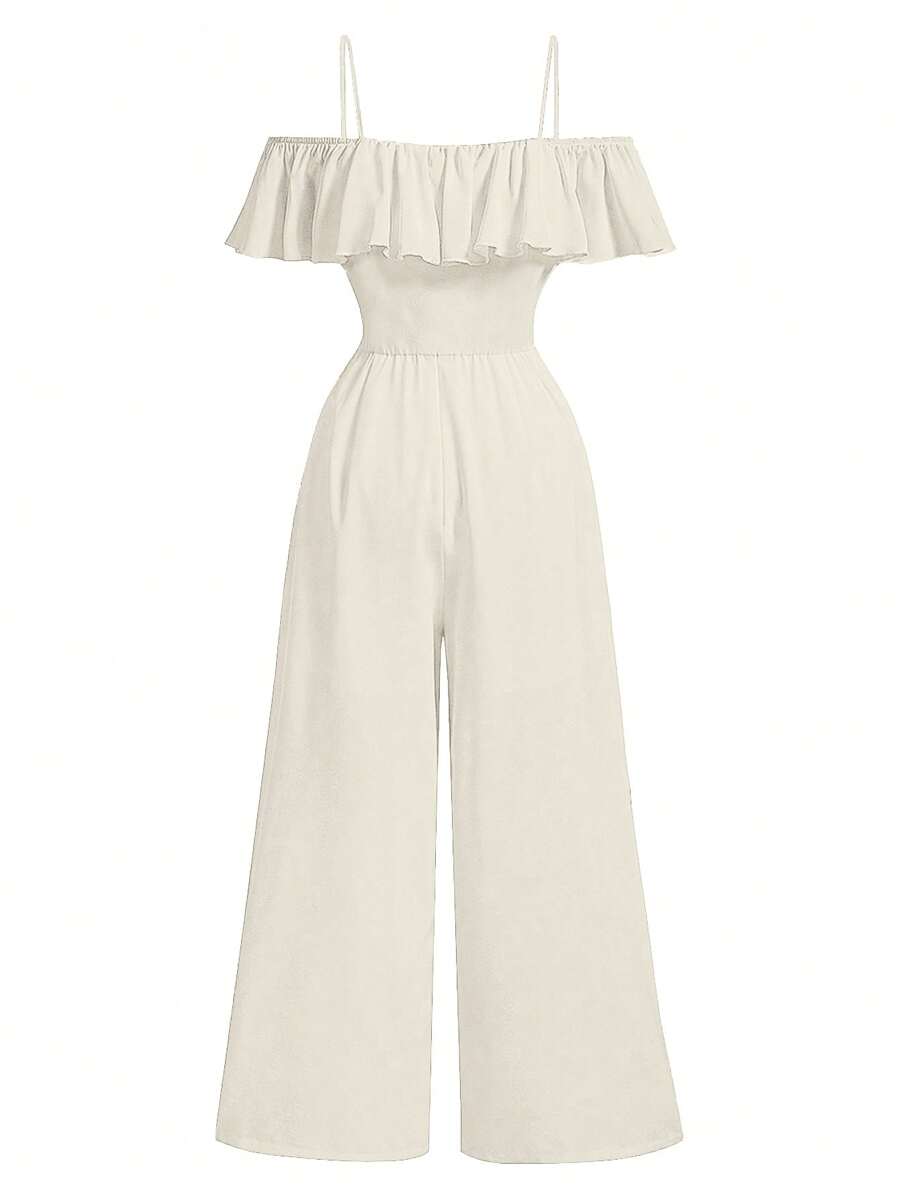 SHEIN Girl Big Tween Girl' Black Fashionable Off Shoulder Jumpsuit, Summer