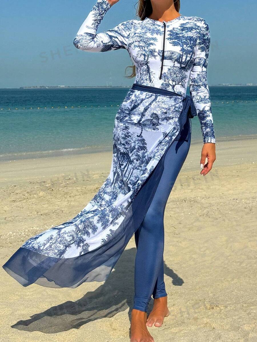 Swim Mulvari Conjunto de burkini de 3 piezas con estampado de palacio en azul y blanco para mujer, que incluye top de manga larga, pantalones y cremallera frontal, elegante y casual para vacaciones y fiestas en la playa