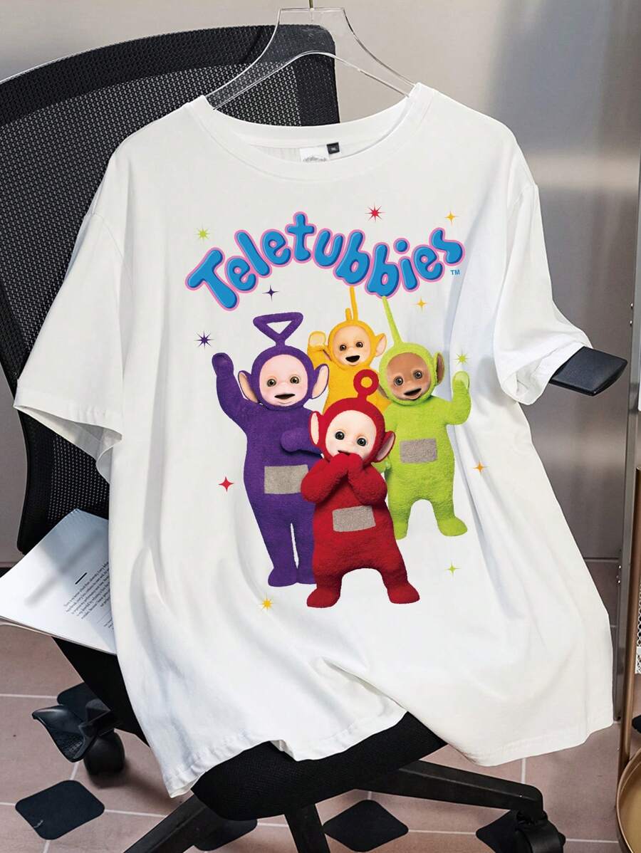 Teletubbies X SHEIN Plus Size Cartoon & Letter Print Short Sleeve T-Shirt, Summer S Graphic Funny T Shirt T Shirts Funny Shirt Graphic Summer Outfits For Women Rave Outfits Festival/ Rave/Festival/ Rave Outfits/ Festival Outfits For Women/ Country Concert Outfit/ Festival Outfits/ I Concert/Concert Outfit Women/ Concert Outfits For Women/Rave Outfit/Rave Top Tshirt Tshirts Graphic