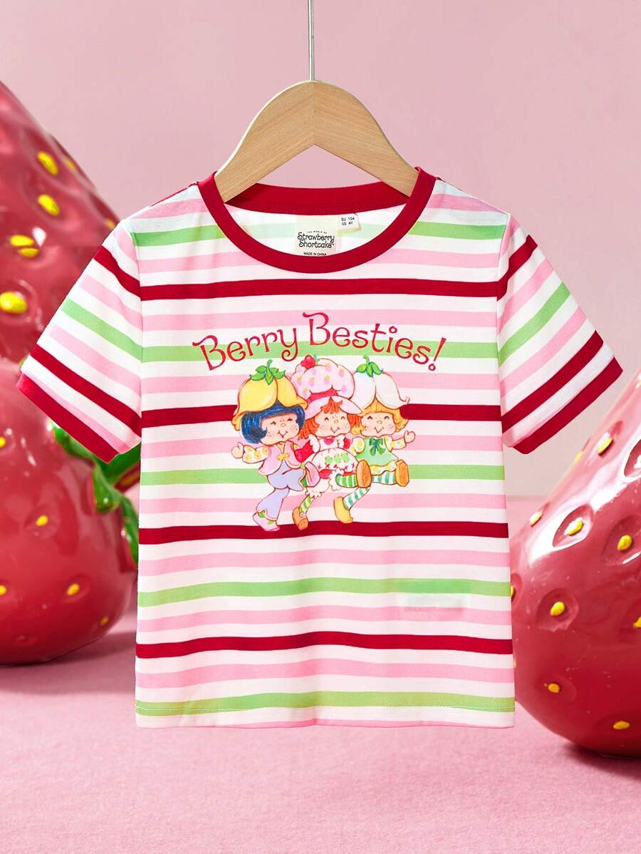 Strawberry Shortcake X SHEIN Maglietta a maniche corte con grafica a righe e cartoni animati per ragazza, estiva