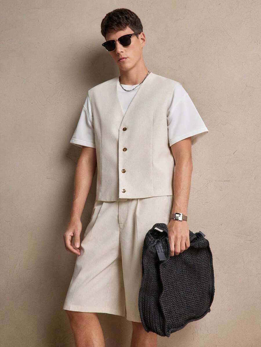 AKNOTIC 2pcs/Set Men Linen Woven Casual Loose Fit Sleeveless Jacket And Drawstring Waist Straight Leg Shorts Suits, Suitable For Summer, Vacation, Wedding, Party, Couple Outfit, Men's Gift, Beachwear, Graduation Gift