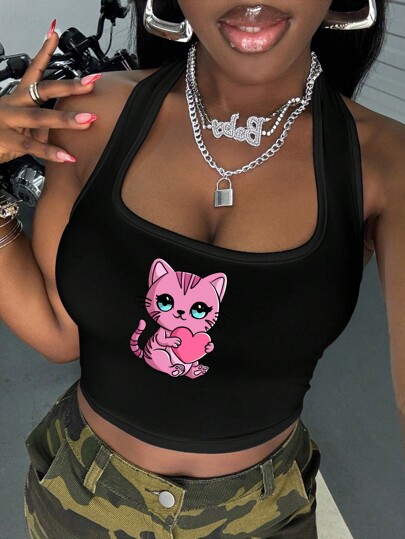 Dwi widiyanto Black Cat Print Casual Fitted Halter Neck Camisole Top For Women, Suitable For Summer