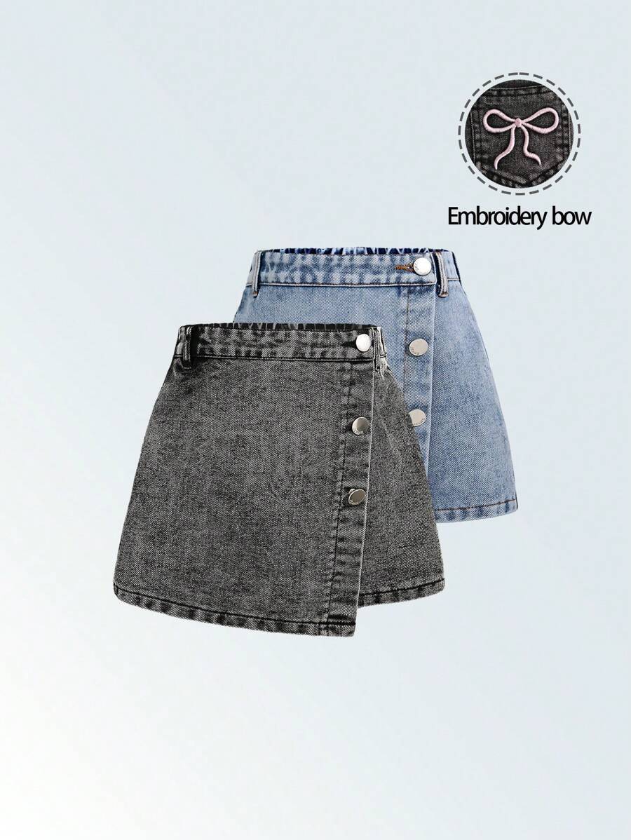 Falda pantalón vaquera casual y holgada con varios colores lavados, diseño bordado de moño, versátil, sencilla y de moda para uso diario para niña joven