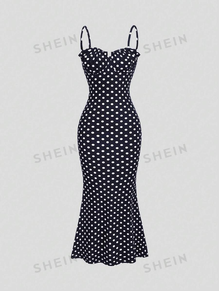 Sweetra Vestido largo con tirantes de espagueti, espalda descubierta y estampado de lunares en blanco y negro, vestimenta casual para primavera y verano