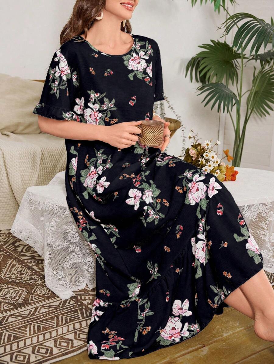 Serenescape Camisón largo con estampado floral y dobladillo con volantes abullonados
