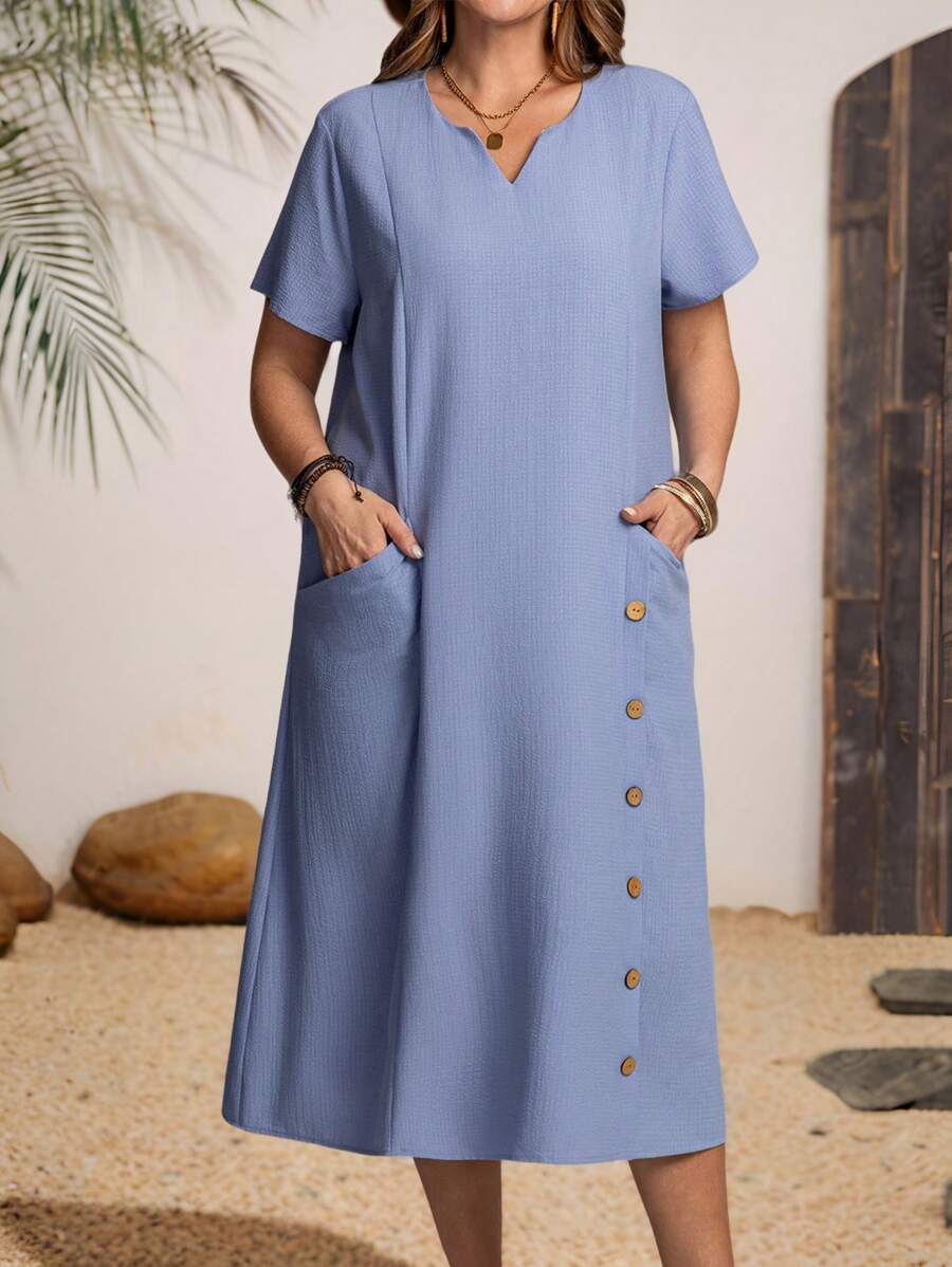 EMERY ROSE Vestido casual con bolsillo, de cuello en V y mangas cortas, para mujer de tallas grandes