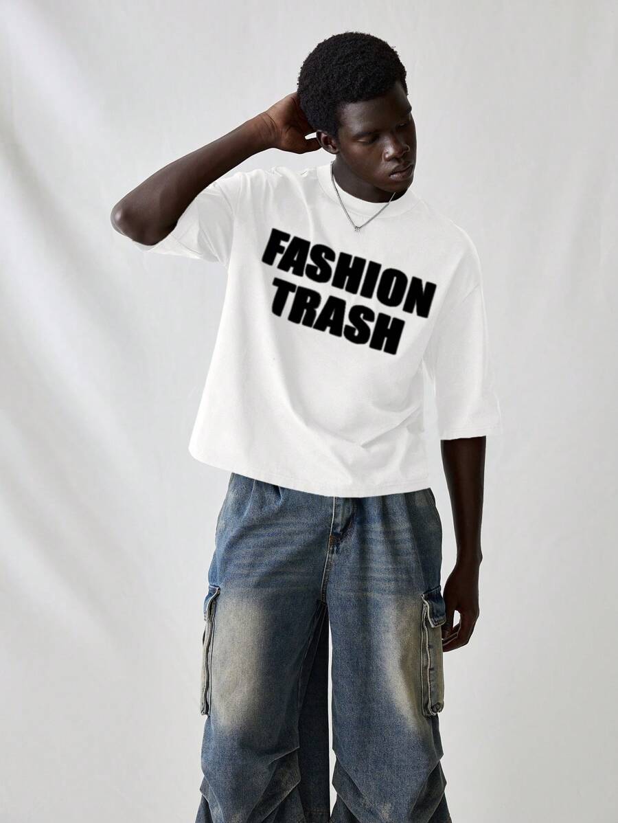 SWAVVY Camiseta de manga corta informal y holgada con estampado de letras inglesas, para hombre, de verano