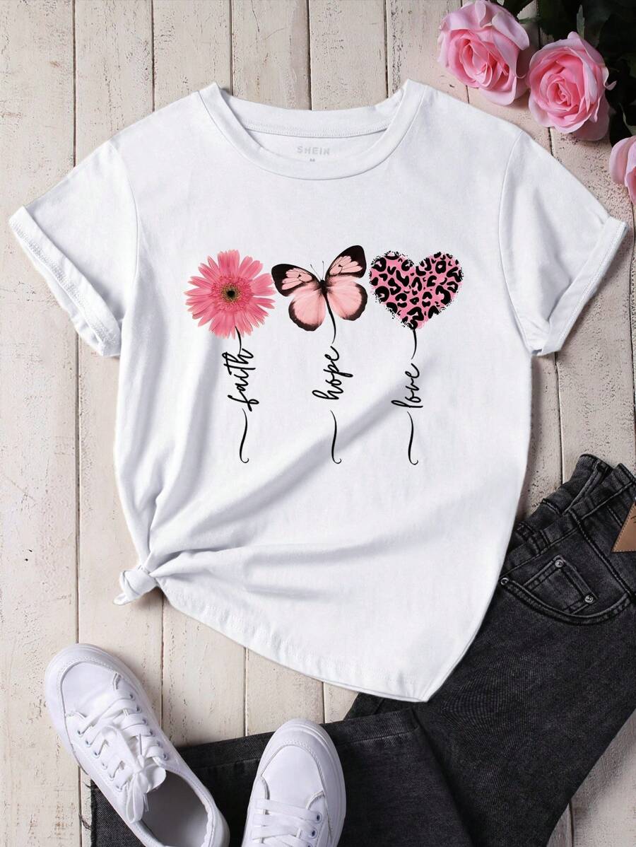 INAWLY Women's Floral & Butterfly Print Round Neck Short Sleeve Casual T-Shirt