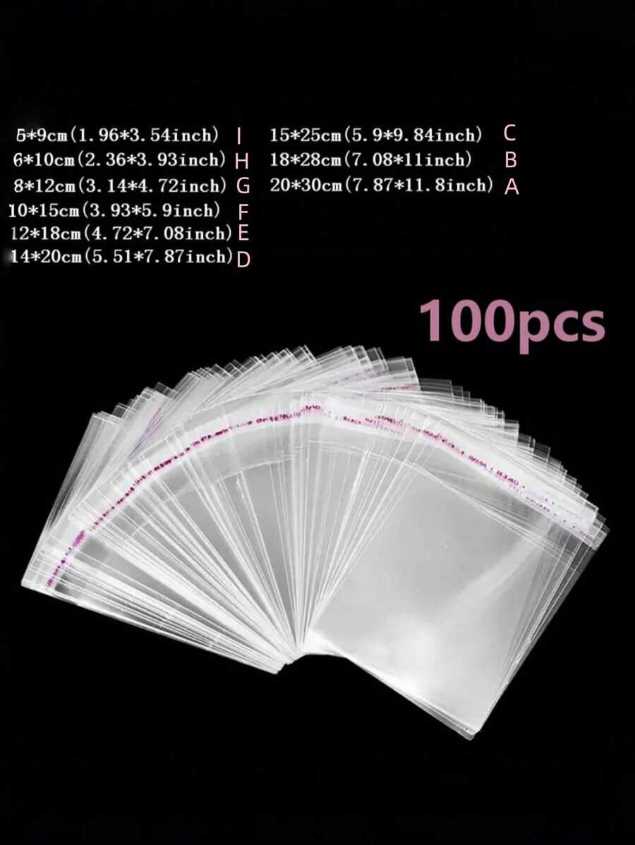 SHEIN 100 piezas, Bolsas de plástico transparente a prueba de polvo con adhesivo, con talla grande de diez tamaños para elegir y usar para accesorios pequeños, hornear, llaveros, colgantes, tarjetas, suministros de envasado de regalos festivos, bolsas de almacenamiento transparentes, bolsas de embalaje, Día de San Valentín, Valen