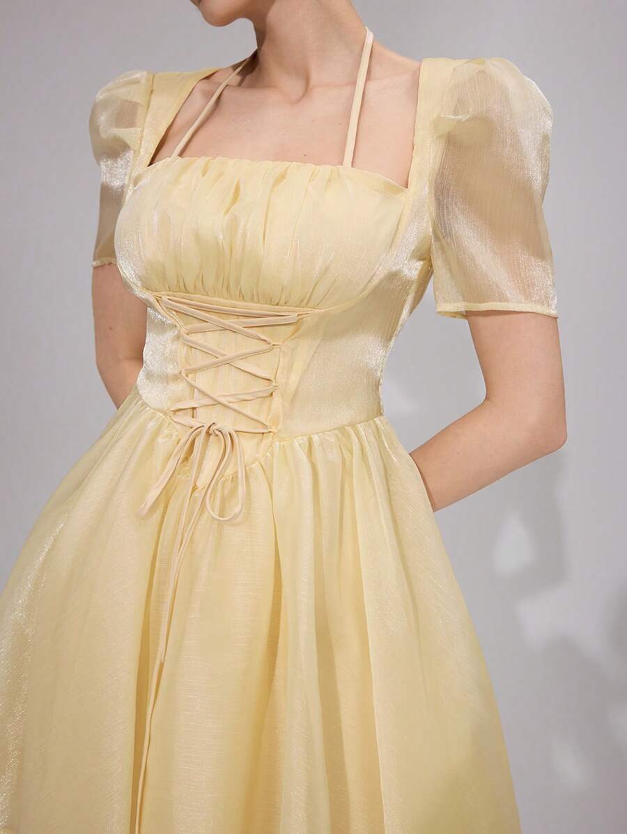 Modelyn Abito mini donna elegante, monocolore, con maniche a palloncino, incrocio sulla vita e vita stretta