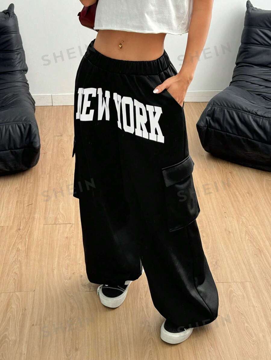 SHEIN ICON Pantalones deportivos de talle bajo con estampado de letra, de estilo athleisure negro Y2k, moda minimalista apta para el verano