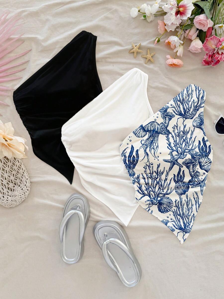 Soleia Set de 3 blusas de verano para mujer talla grande: Parte superior asimétrica con estampado oceánico azul, camisetas de tirantes blancos y negros