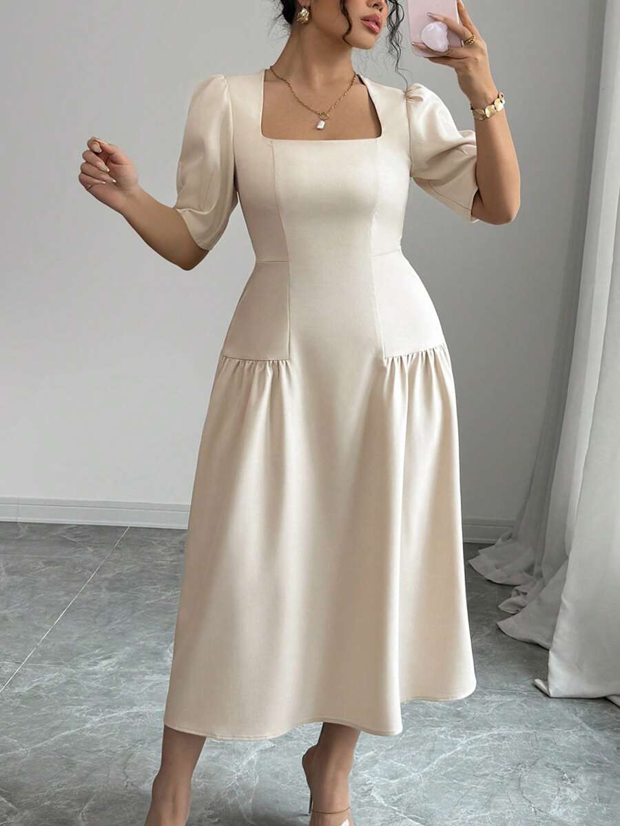 Celure Abito lungo da donna elegante e casual per primavera/estate, stile francese chic, adatto per lavoro, vacanza e occasioni formali, con scollo quadrato, drappeggio, in colore unito
