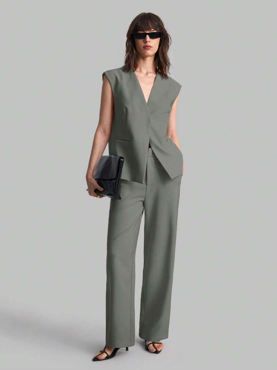 Ontre 2025 Summer New Grey Wide Shoulder Double Lip Pocket Design Front Closure Sleeveless Jacket For Women, Business Casual Daily Commute Elegant Beachwear For Wedding Guests, Country Music Concerts, Brunch, Airport, 90s Retro Stockholm, American Independence Day