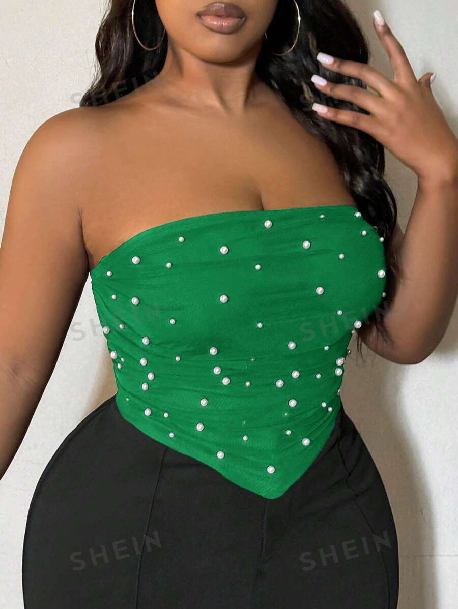 SHEIN SXY Sujetador tubo de corte para mujer talla grande con cuentas de perlas falsas y bajo con pañuelo, adecuado para citas nocturnas, cumpleaños, y atuendo para despedida de soltera