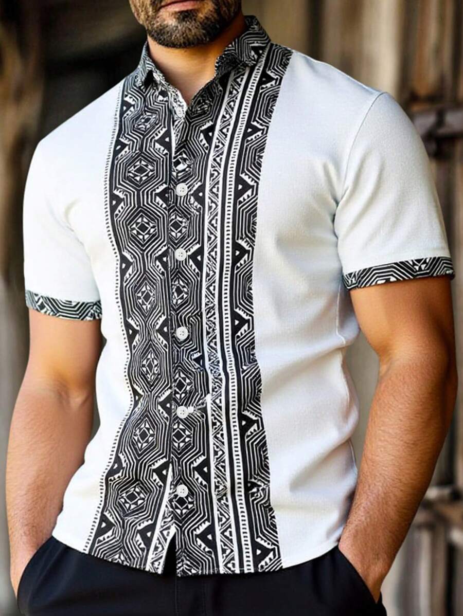 Manfinity Homme Camisa casual de manga corta con estampado geométrico de corte recto para hombres. Ropa y camisas para hombres, camisas frescas para hombre, camisas de diseñador para hombre. Estilo minimalista veraniego, diseño básico, suave y cómodo, perfecto para vacaciones, streetwear y uso casual diario.