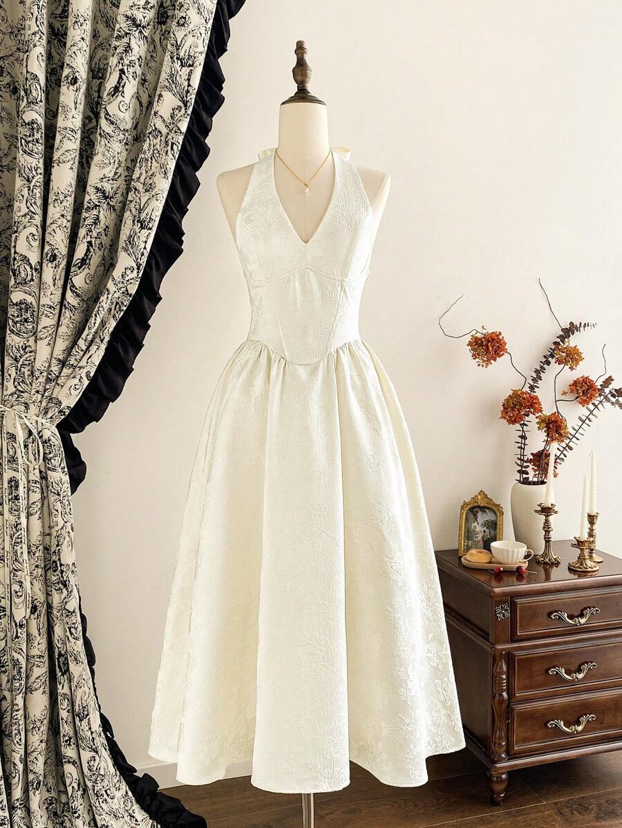 Vintamour Vestito elegante vintage da donna, con collo a capestro jacquard, fiocco, abbigliamento estivo per vacanze, abito estivo da donna, abito da sera bianco, abito di Pasqua per donna, abito bianco da donna, abbigliamento primaverile da donna, abiti primaverili da donna, vestiti estivi da donna, abiti da vacanza per donna, abito da ospite del matrimonio, abbigliamento da vacanza per donna, abiti estivi da donna, abiti da cerimonia da donna, abiti eleganti corsetto, abito di laurea, abiti per compleanni