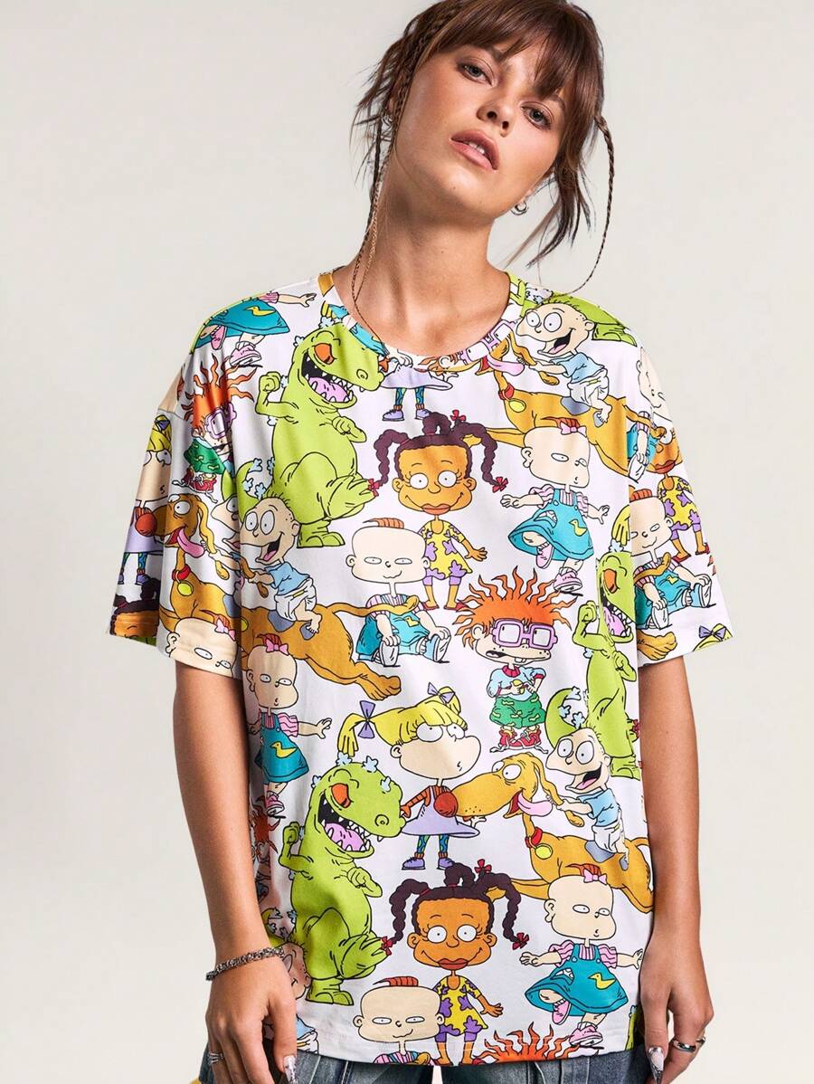Nick 90s X SHEIN Women's Summer Spring Cartoon Pattern White Oversized T-Shirt, Unisex Gyaru Daily Casual Outing Wear