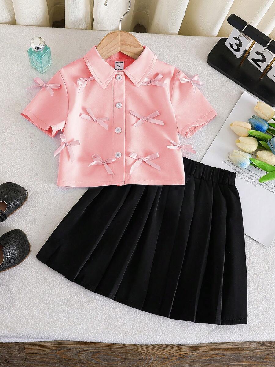 SHEIN 2 buc/Set Cămașă cu mânecă scurtă și fustă mini plisată
