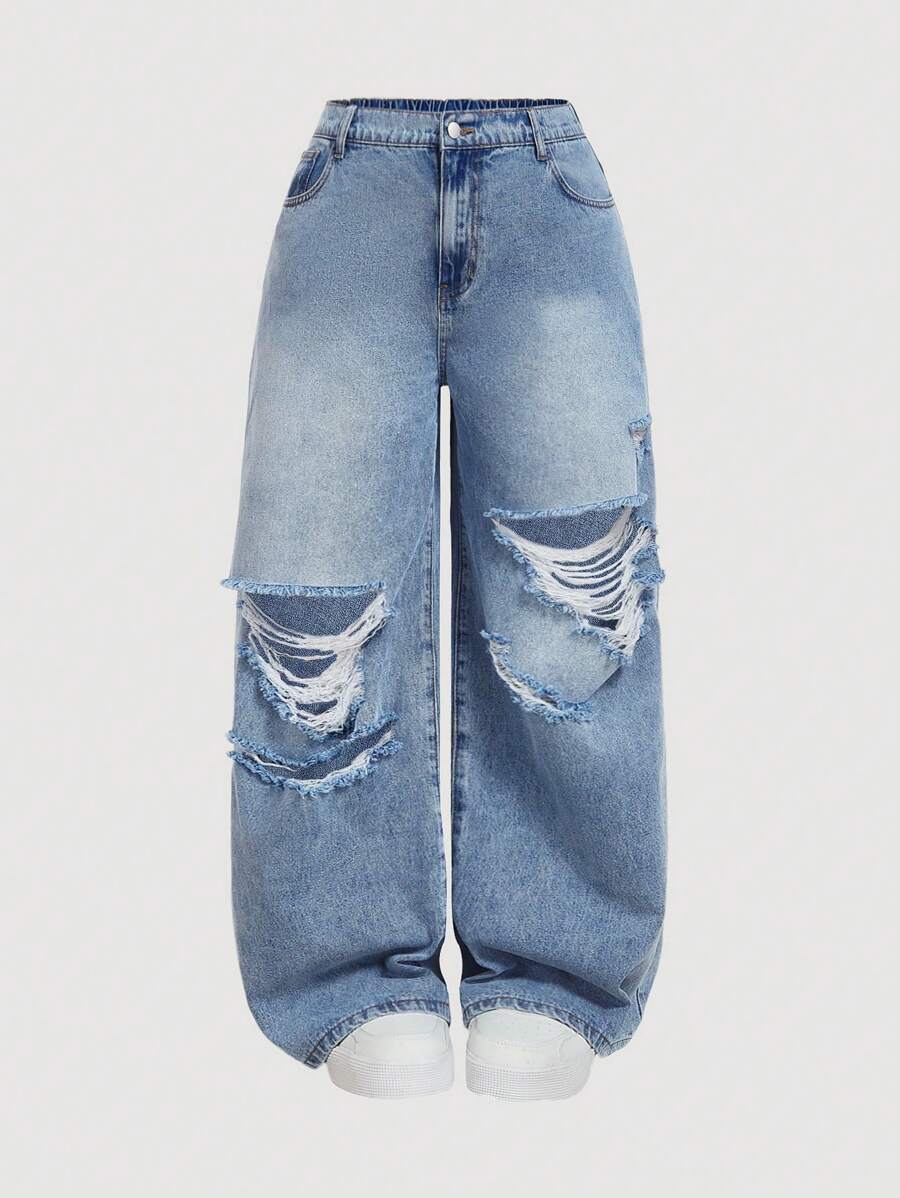 SHEIN MOD Plus Size Women Casual Loose Fit Distressed Wide Leg Denim Jeans, Blue Summer,Vacation Outfits Woman,Easter,Spring,Western,Office Outfits For Women,Rave Outfits,Baby Shower Dress,Cottagecore,Country Outfits Women,Old Money Style Women,Going Out Outfits,Coquette,Festival Outfits,Rodeo Outfit,Airport Outfit For Women,Kpop,Tropical Vacation Woman Clothes,Nashville Outfits,European Summer,Concert,Cowgirl Outfit,Graduation Outfit,Elegant,Resort Wear Women,Business Casual Woman,Western Wear Women,Y2k Clothe,Y2k Clothes,Old Money Style Women,Holiday,Church Clothes Women,Airport Outfit For Women/Airport Outfit Baggy Jeans Flowy Pants