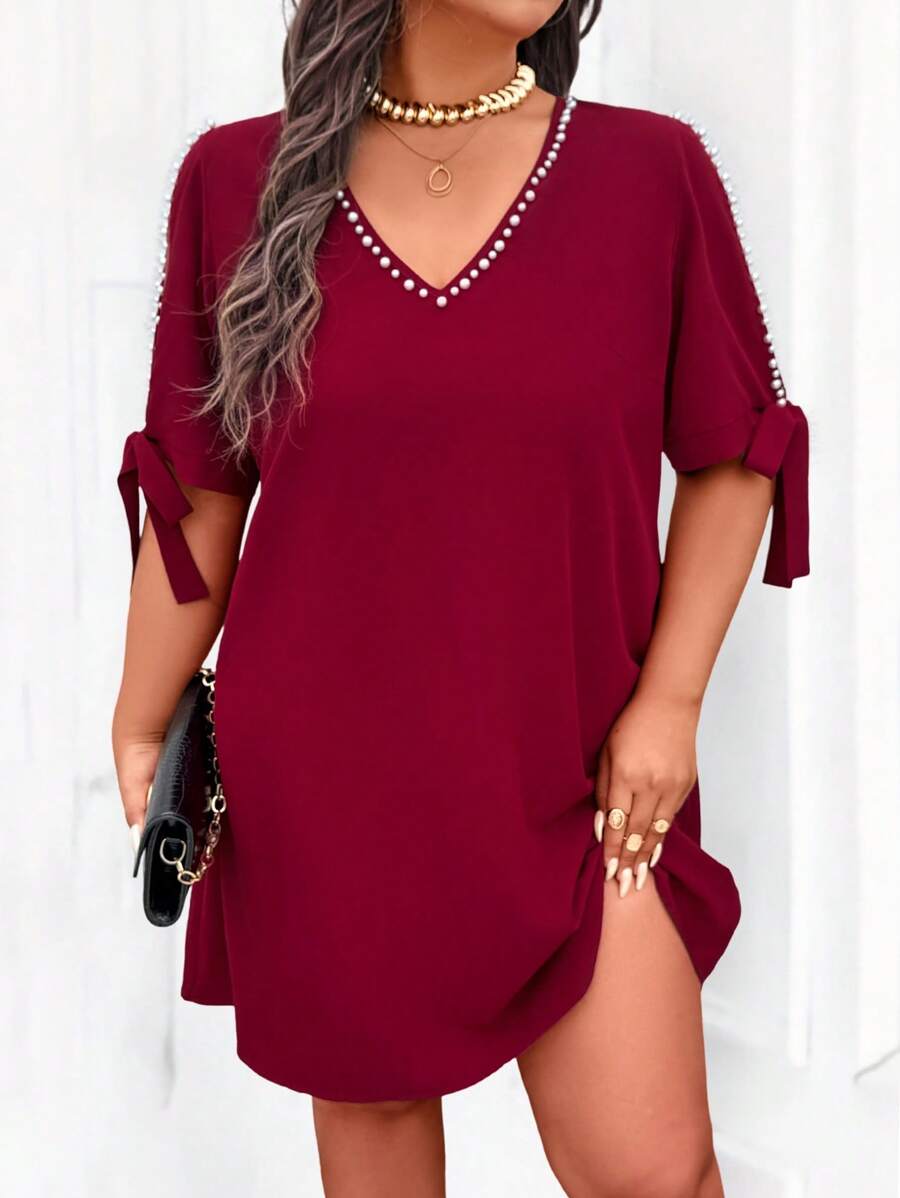 SHEIN LUNE Abito a pieghe con spalline annodate e decorazione di perle, adatto a donne taglia curvy, elegante e snellente per uso quotidiano