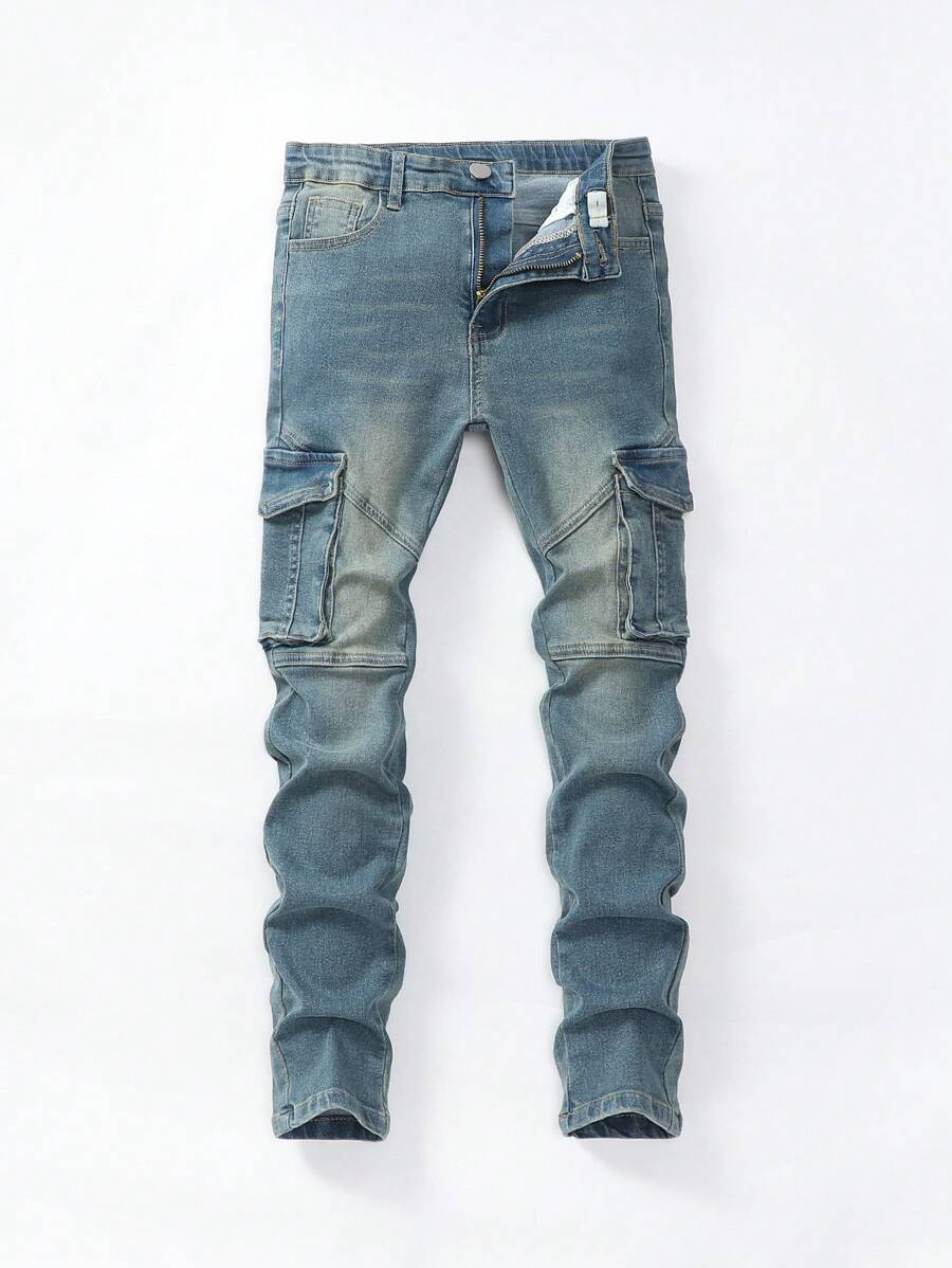 Tween Boy Casual Elastic Waist Multi-Pocket Patchwork Distressed Denim Jeans