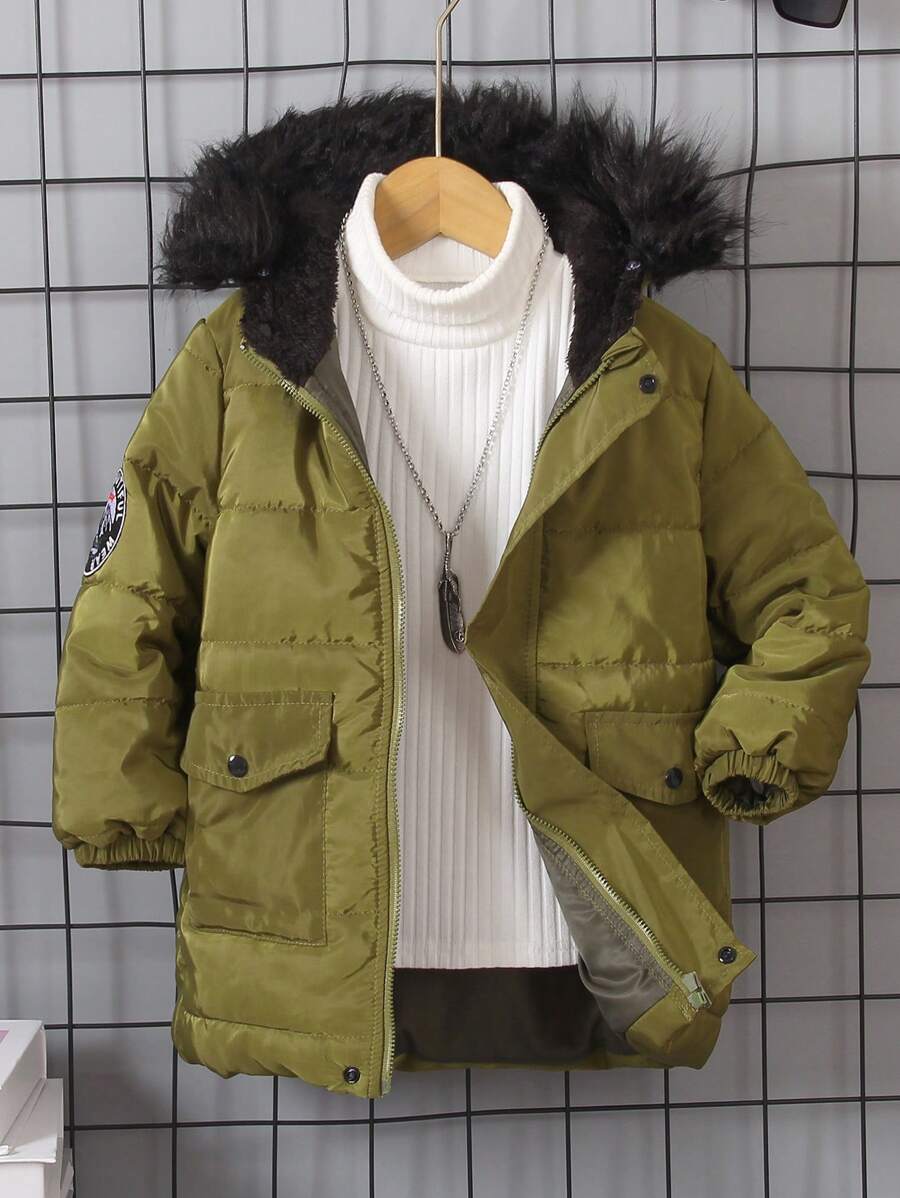 SHEIN Casaco acolchoado com capuz e forro térmico para menino, 1 peça, carta e montanha, bordado, bolso, acabamento felpudo
