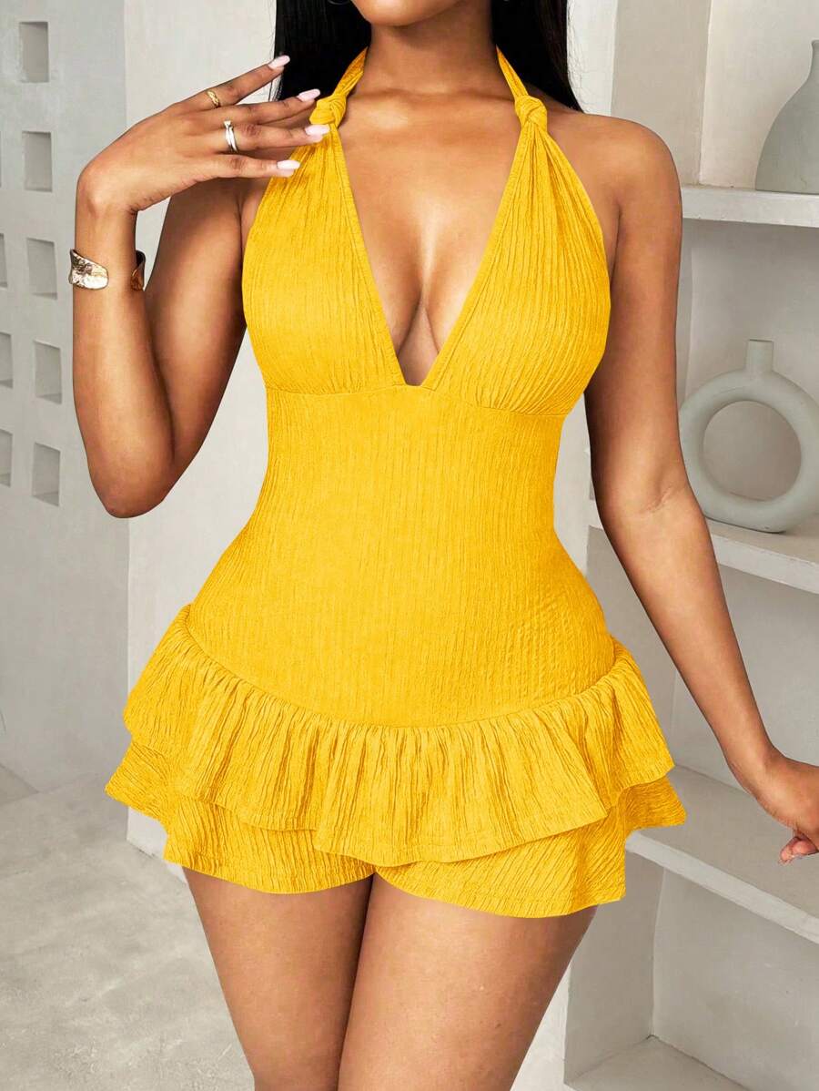 VaVaBold Tie Front Backless Ruffle Trim Fitted Romper Shorts