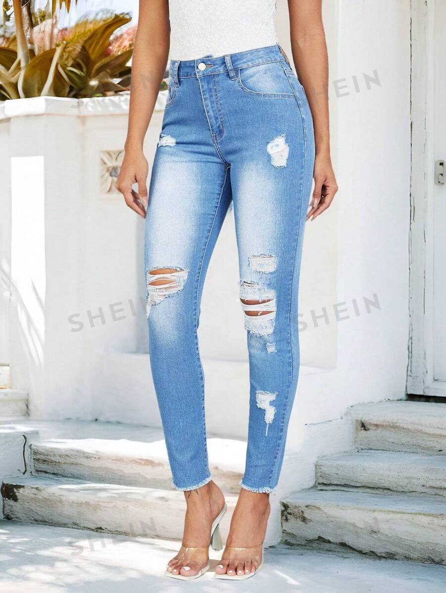 SHEIN LUNE Jeans rotos de moda para mujer
