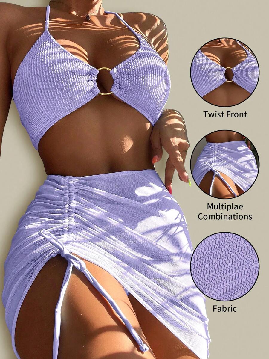 Swim Basics Summer Beach 3packs Textured Ring Linked Bikini With Beach Skirt