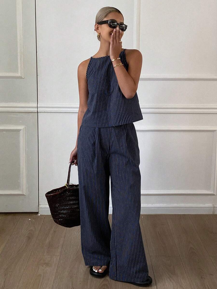 Livesso Conjunto de 2 piezas casual de mujer con top de tirantes finos a rayas y pantalones para verano