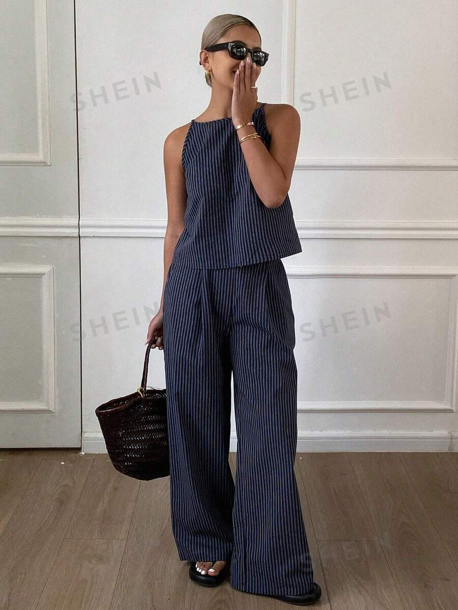 Livesso Conjunto de 2 piezas casual de mujer con top de tirantes finos a rayas y pantalones para verano