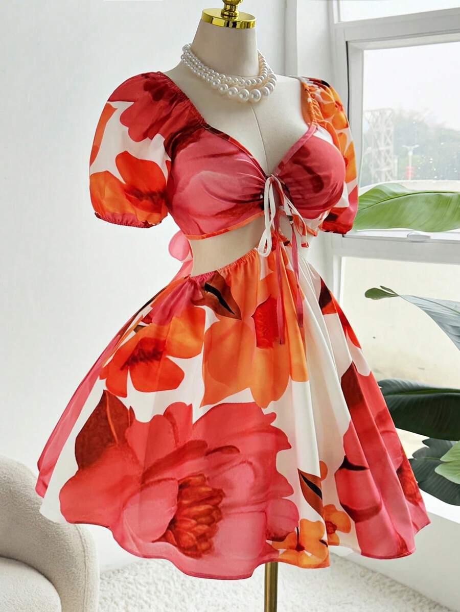 Ceyna Plus Size Elegant Floral Print Twist Knot Hollow Out Drawstring Shift Summer Holiday Dress Romantic Mini-Dress