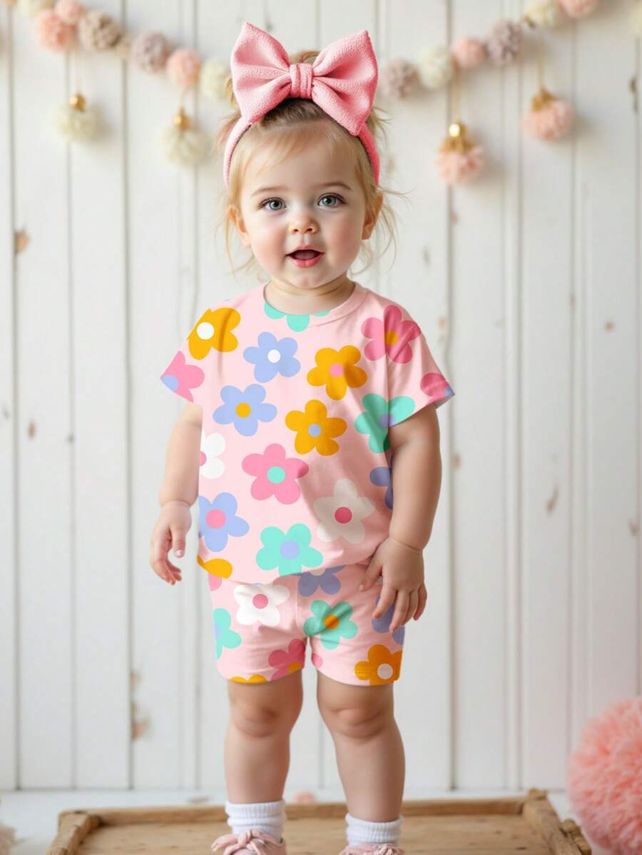 SHEIN Conjunto de camiseta de manga corta de cuello redondo y leggings con diseño floral lindo, estilo minimalista casual para niña bebé, apto para primavera/verano