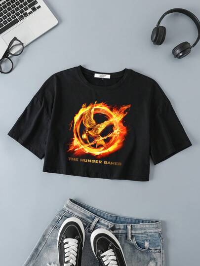 The Hunger Games X SHEIN Women's Graphic Print Round Neck Short Sleeve T-Shirt, Summer