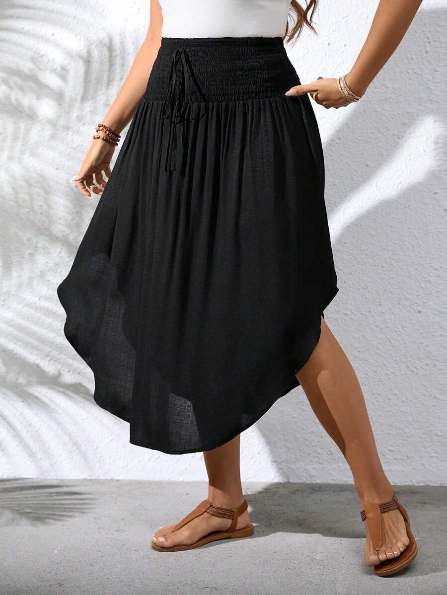 SHEIN LUNE Plus Size Solid Shirred Waist Curved Hem Skirt Maxi Vacation Beach Outfits Women