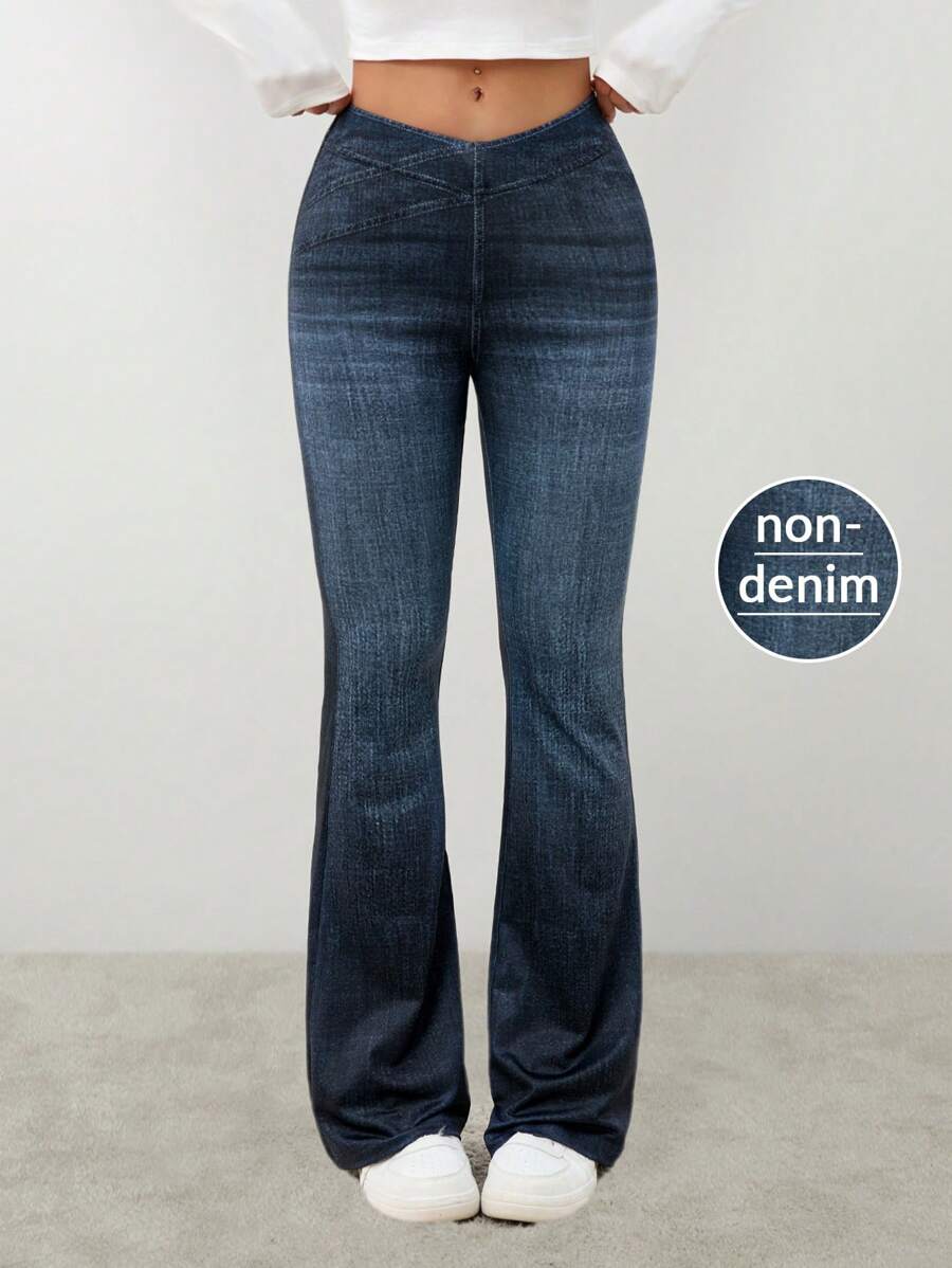 SHEIN PETITE Women's Overlapping Waist, Slightly Flared, Elegant Pockets, Natural Flared Trousers, Dark Trousers For Women