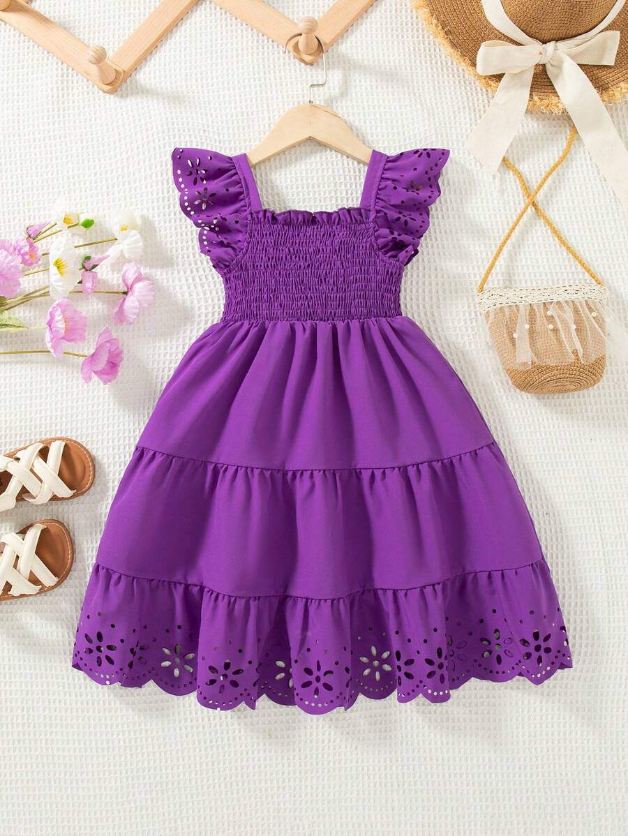 SHEIN Young Girl Casual Solid Color Hollow-Out Purple Dress Sundress, Summer