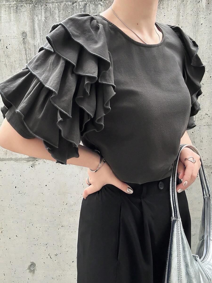 FRIFUL Maglietta casual estiva da donna a maniche corte, collo tondo, in colore unito, con maniche a balze e vestibilità morbida